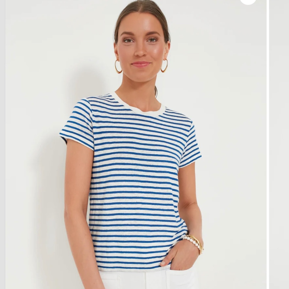 Alex Mill Blue and White Prospect Tee in Stripe, Linen Blend, Size Large - Picture 6 of 8
